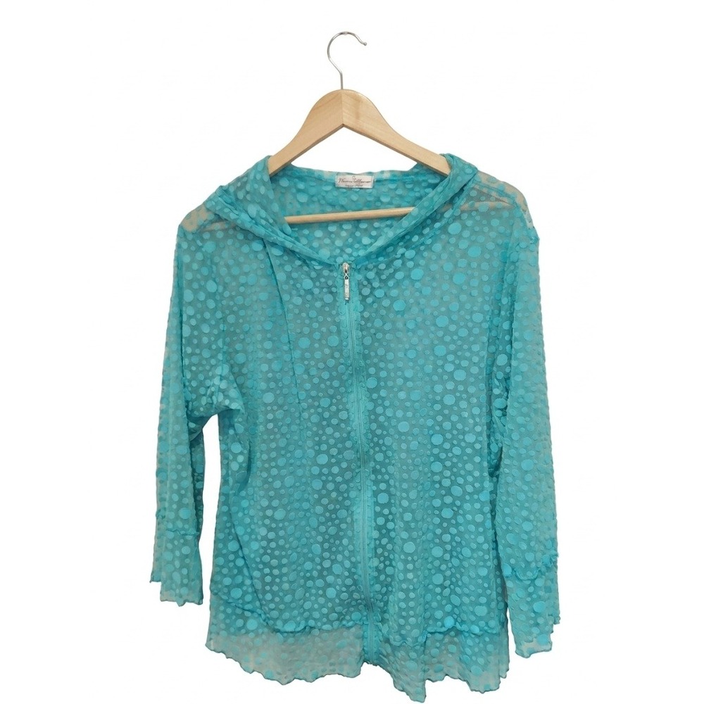 Vine Street Y2K Beachy Turquoise Blue Sheer Mesh Polka Dot Zip Up Hoodie Jacket